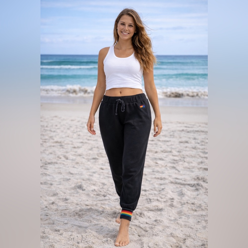 Aviator Nation Vintage‎ Dark Grey Rainbow Cuff Sweatpants Joggers Lounge Travel